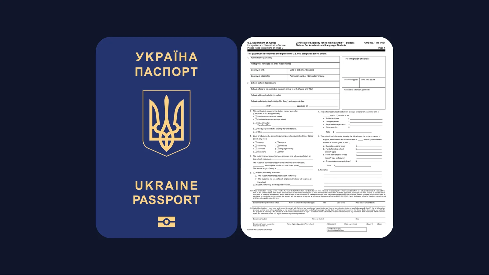A Ukrainian passport beside the Form I-20 that starts an F-1 visa