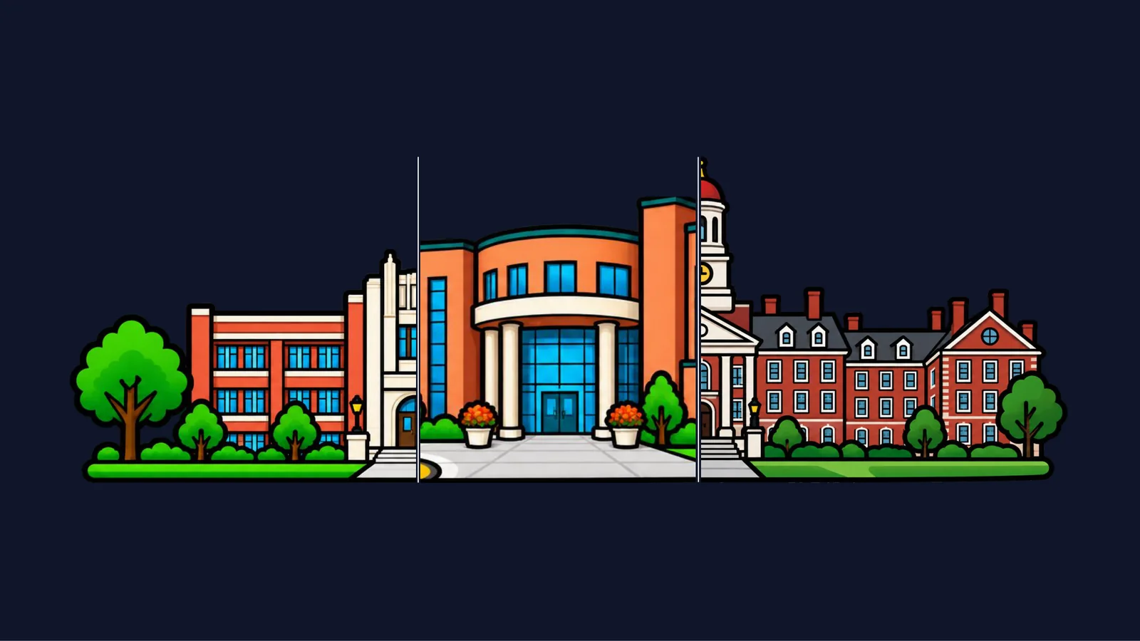 A school, a high school and a university building side by side