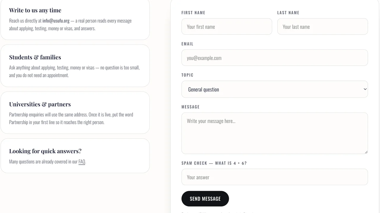 Contact page — ask us anything and a real person answers