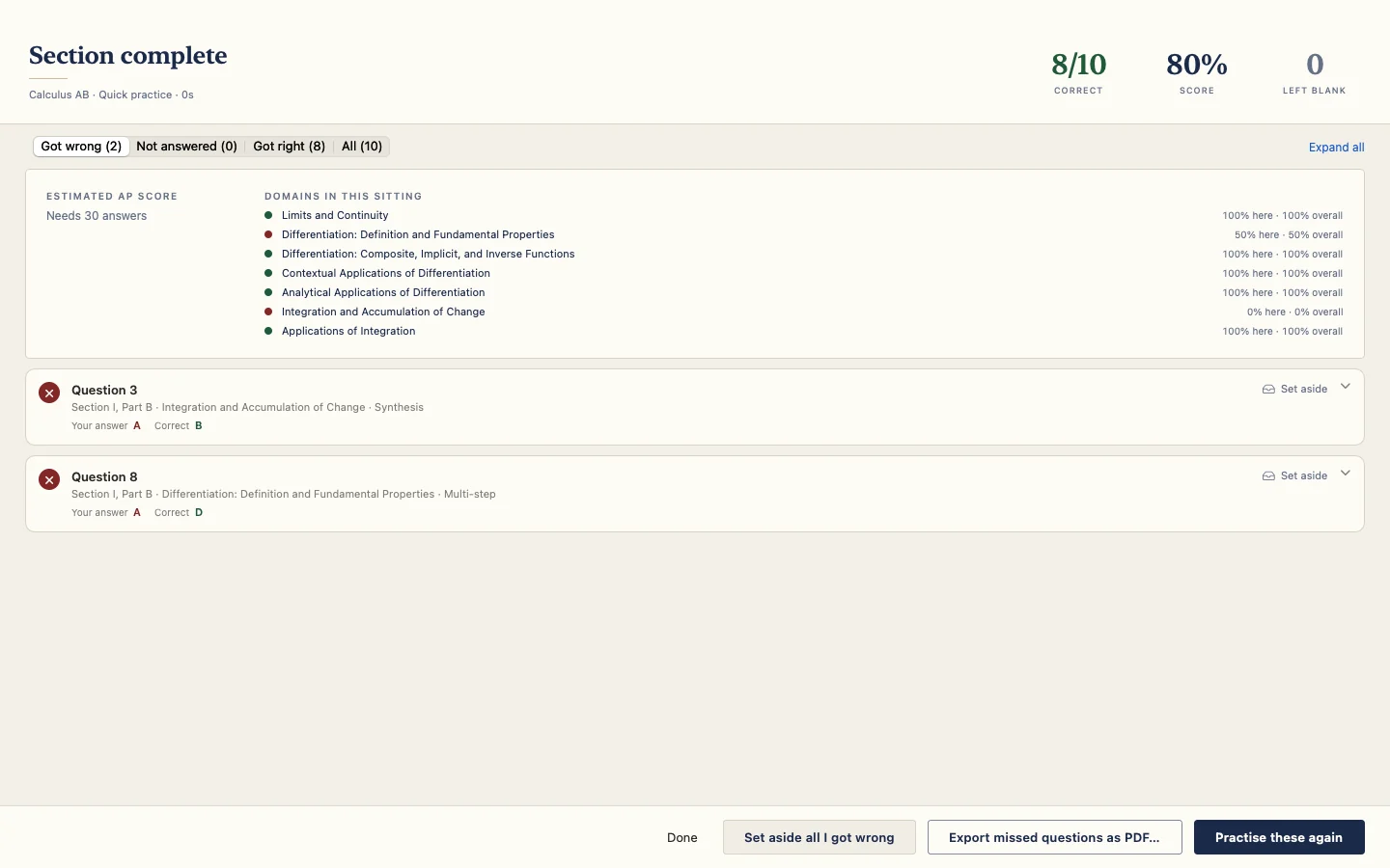 The AP results screen, listing each question by domain with what was answered and what the correct answer was.