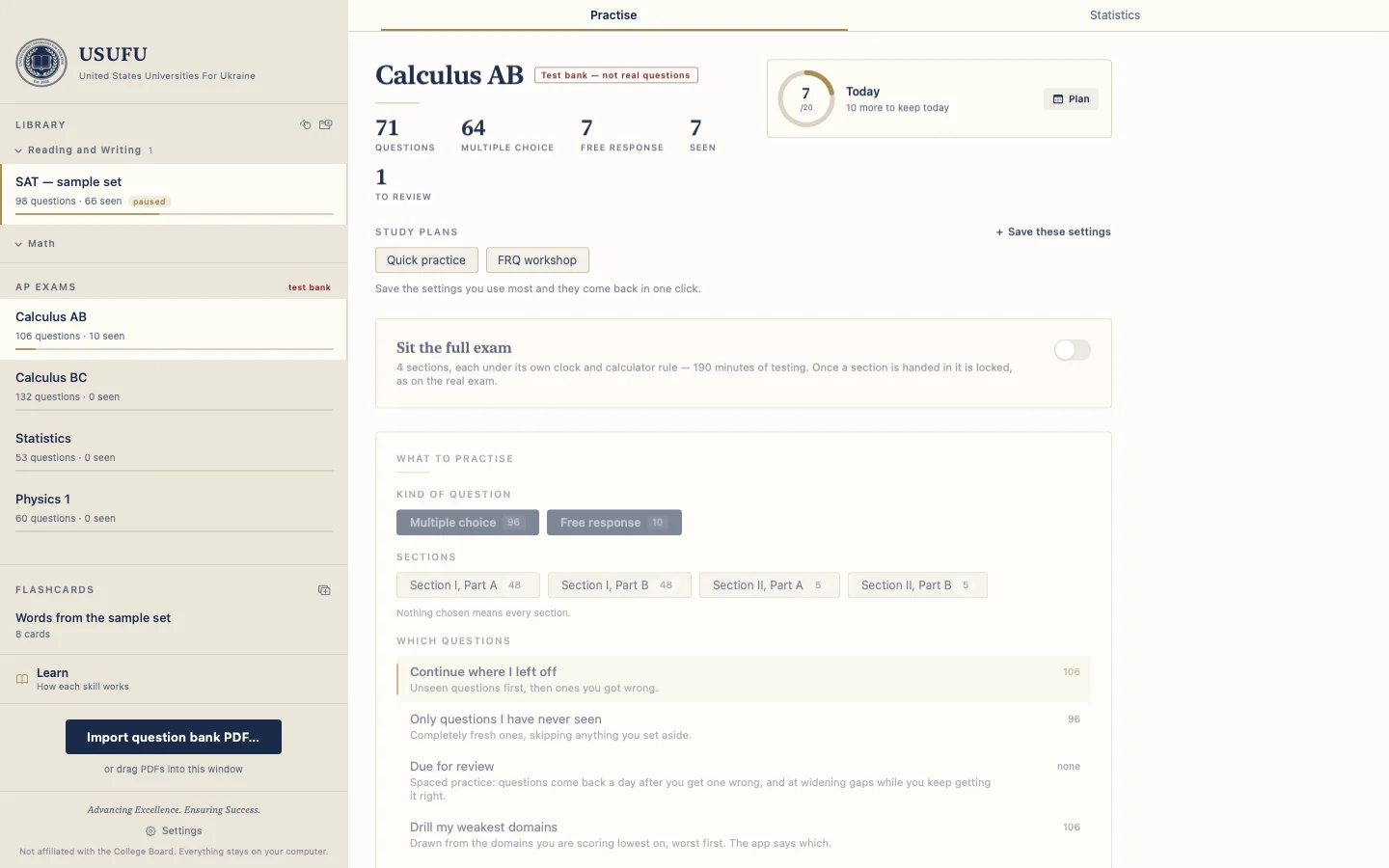 The Calculus AB page: question counts, saved study plans, a full-exam switch, and the choice of section and question type.