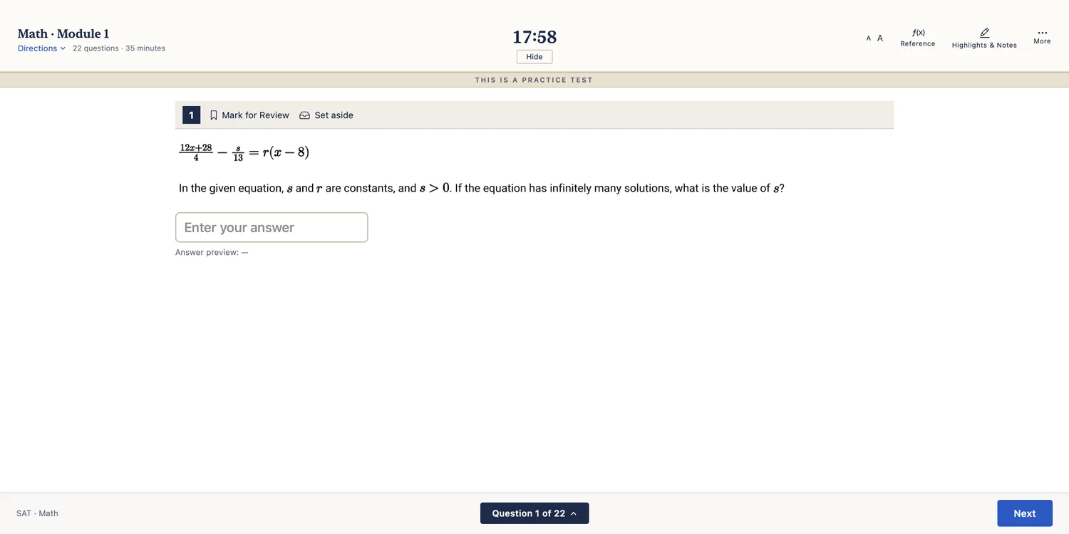 A grid-in maths question with a free-text answer box and a live answer preview underneath it.