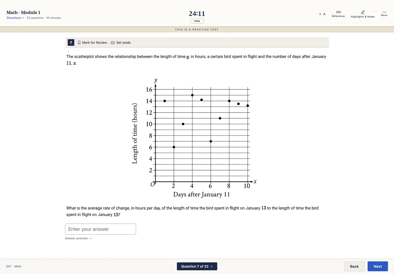 A maths question in the test screen: a scatterplot drawn as vector art beneath the question text, with the clock, Mark for Review and the question navigator around it.