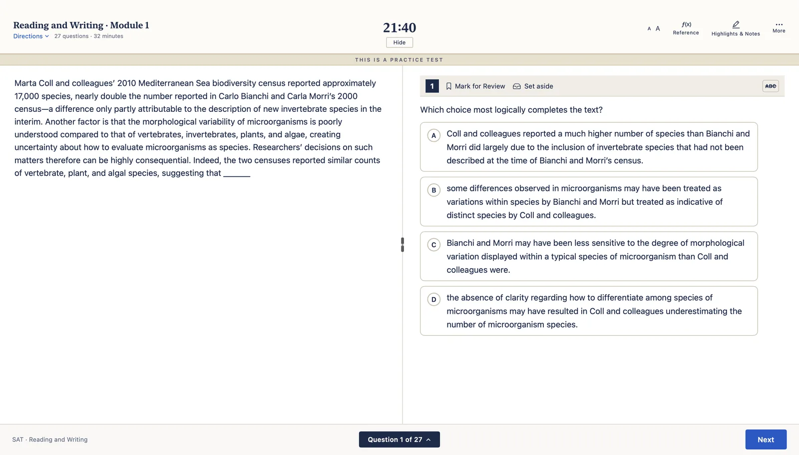 The test screen: the passage on the left, the question and its four answer choices on the right, a clock at the top and a question navigator at the bottom.