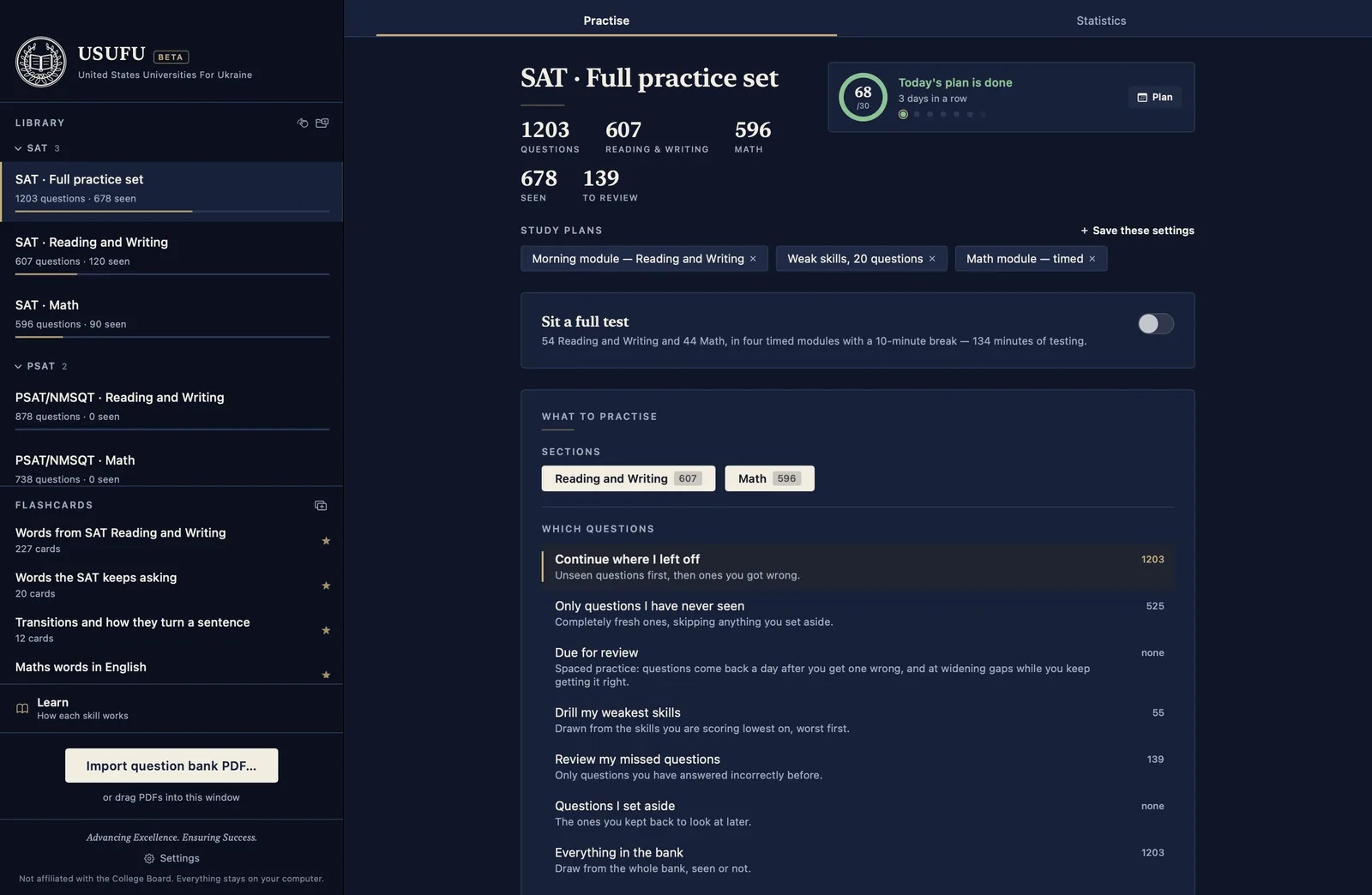 The app's library: five imported question sets and four flashcard decks in a sidebar, and a study setup panel showing question counts, saved study plans, and the ways of choosing what to practise.
