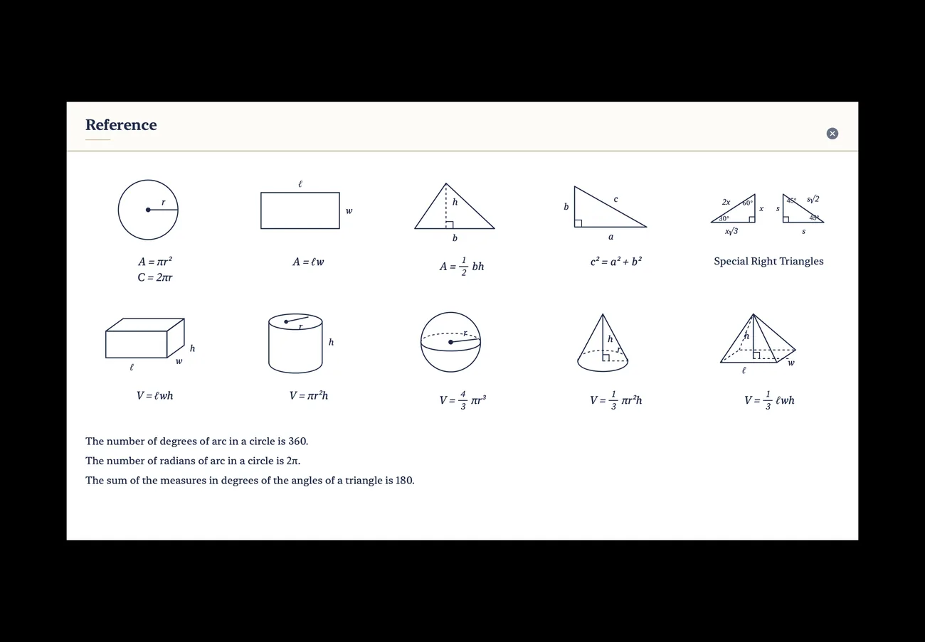 The Math reference sheet, drawn rather than scanned, one click from the test screen.