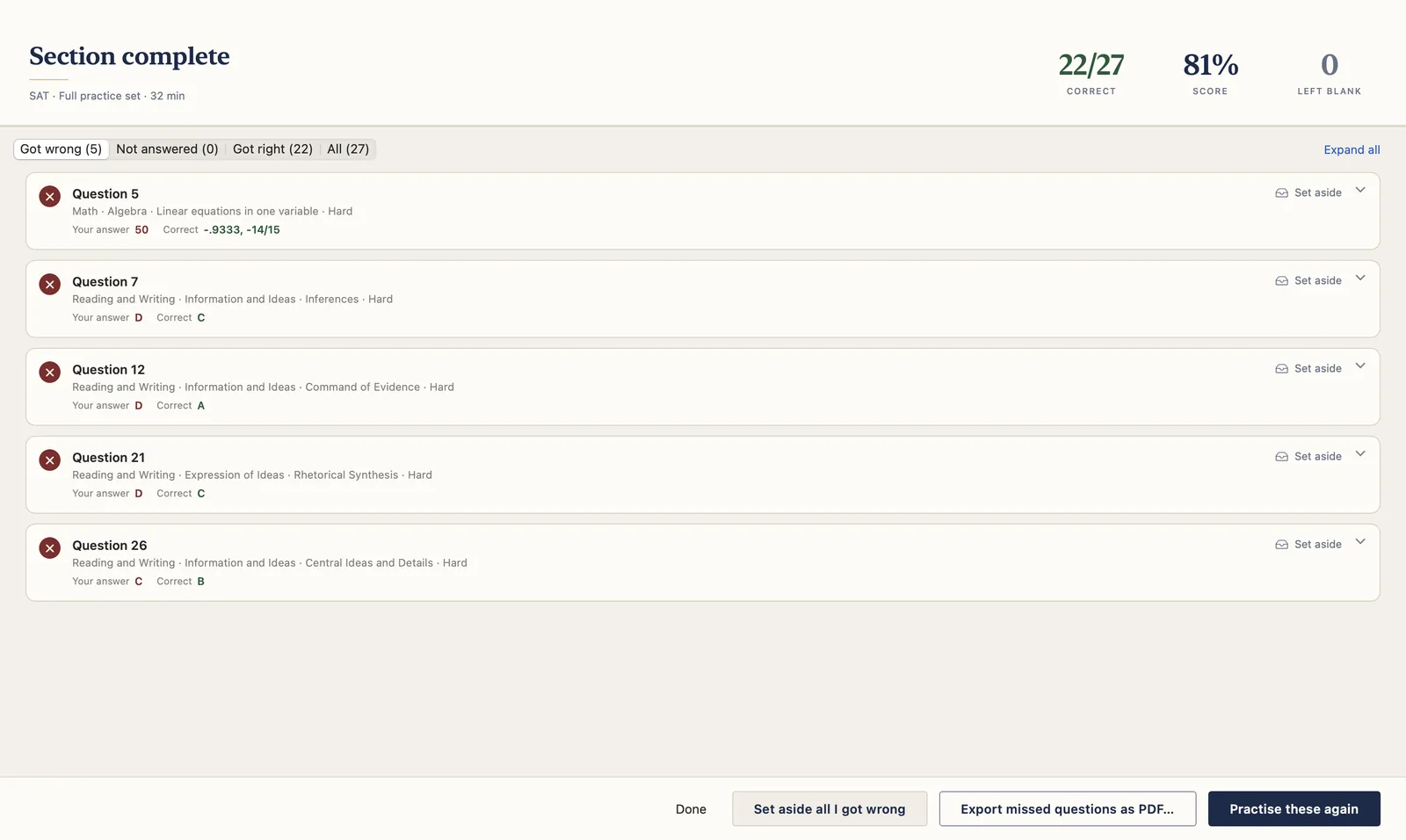 The results screen after a sitting: score, questions correct, questions left blank, and each missed question with the skill it tested and the correct answer.